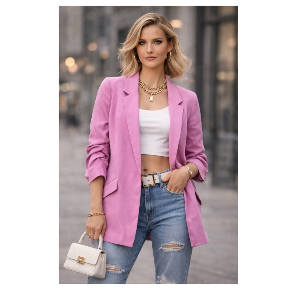 Revolve Bardot Tuck rushed Sleeve Blazer in Marsh Pink Size 6 barbie pink